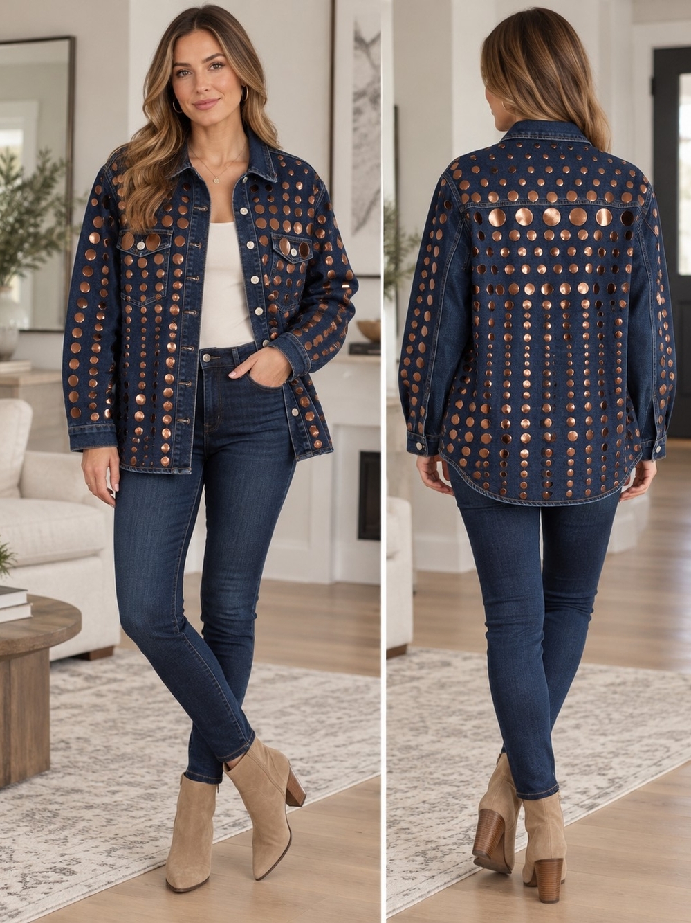 Dark Blue Denim Jacket with Copper Stud Accents